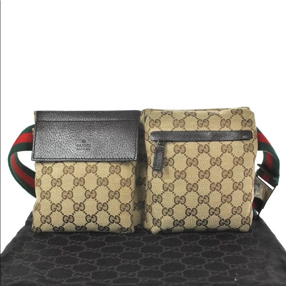 Gucci Handbags - Gucci Beige GG Supreme Dual-Pocket Crossbody with Green and Red Web Strap